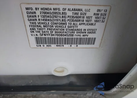 2013 Honda Pilot Ex-L из США, поврежденный, VIN 5FNYF3H70DB045208